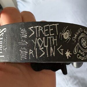 Hot Topic Black Metal Cuff Bracelet with White Engraving